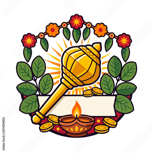 Prosperity festival hammer and coins in decorative frame vector design