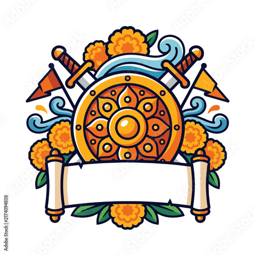 Colorful flat vector emblem with shield sunburst flowers and festive scroll banner
