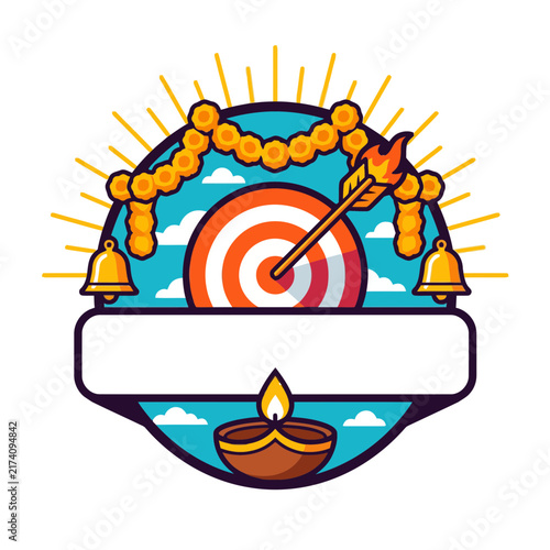 Diwali festival decorative flat vector with lamp and marigold garland banner