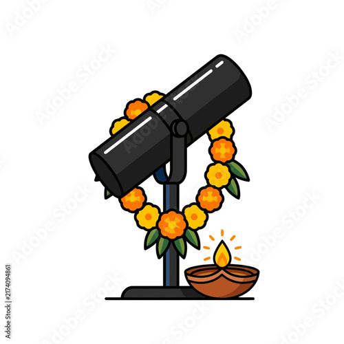 Ceremonial microphone with marigold garland and lit diya for festival scene