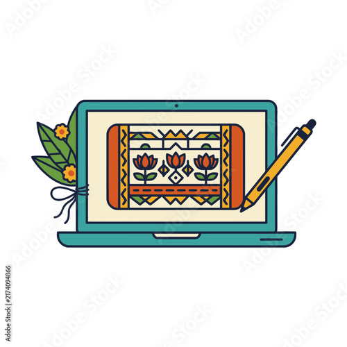Modern flat vector laptop with decorative textile pattern and pencil in workspace