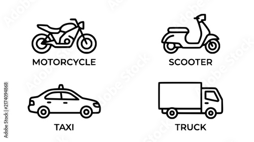 Transportation icons set white line art on black.