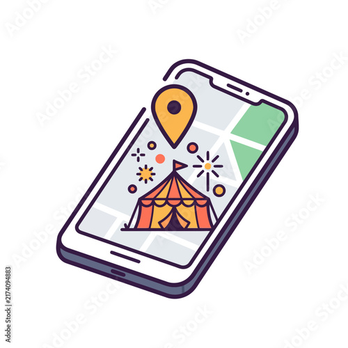 Modern flat vector map with festival tent and location pin on smartphone
