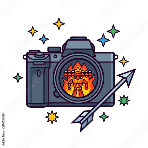 Modern flat vector camera with fiery emblem and arrow design collection