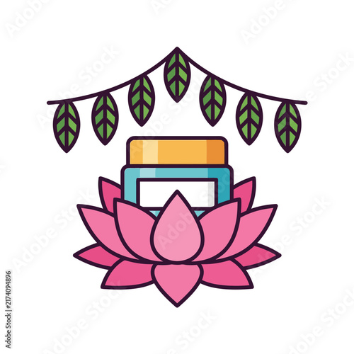 Modern flat vector perfume bottle on a lotus with hanging leaves collection