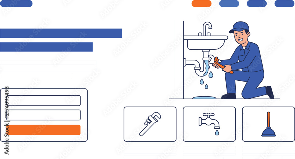 Obraz premium Professional Home Improvement Plumbing Service Landing Page Vector Design Template for Emergency Pipe Repairs, Faucet Maintenance, and Handyman UI Layouts