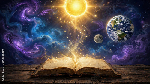 Magic book releasing glowing planets and cosmic light