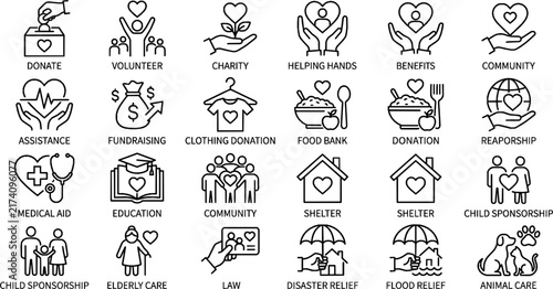 Charity Line Icons Set - Vector Volunteer, Donation, Help, and Assistance Symbols