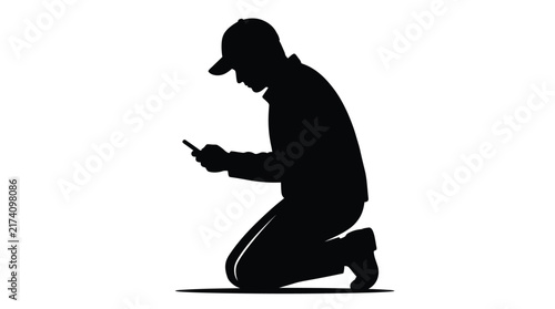 Silhouette vector illustration of young man kneeling on ground while checking his mobile phone screen daily