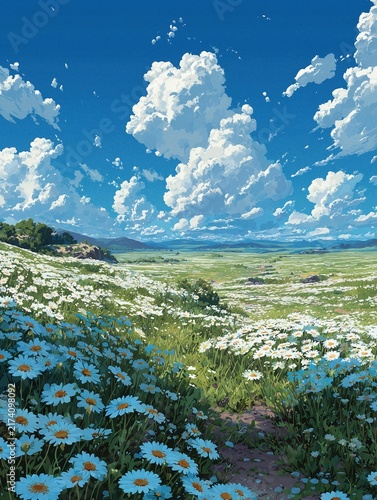 A vast field filled with thousands of white and blue flowers under a clear blue sky, creating a peaceful and serene natural landscape.
