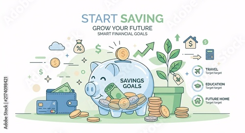 Start Saving for Your Future Illustration with Piggy Bank, Savings Goals, Coins, Financial Growth and Personal Finance Icons
