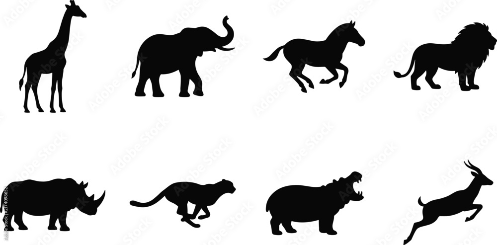 Fototapeta premium Set of African safari wild animal black silhouettes featuring giraffe, elephant, zebra, lion, rhinoceros, cheetah, hippopotamus, and antelope on white background