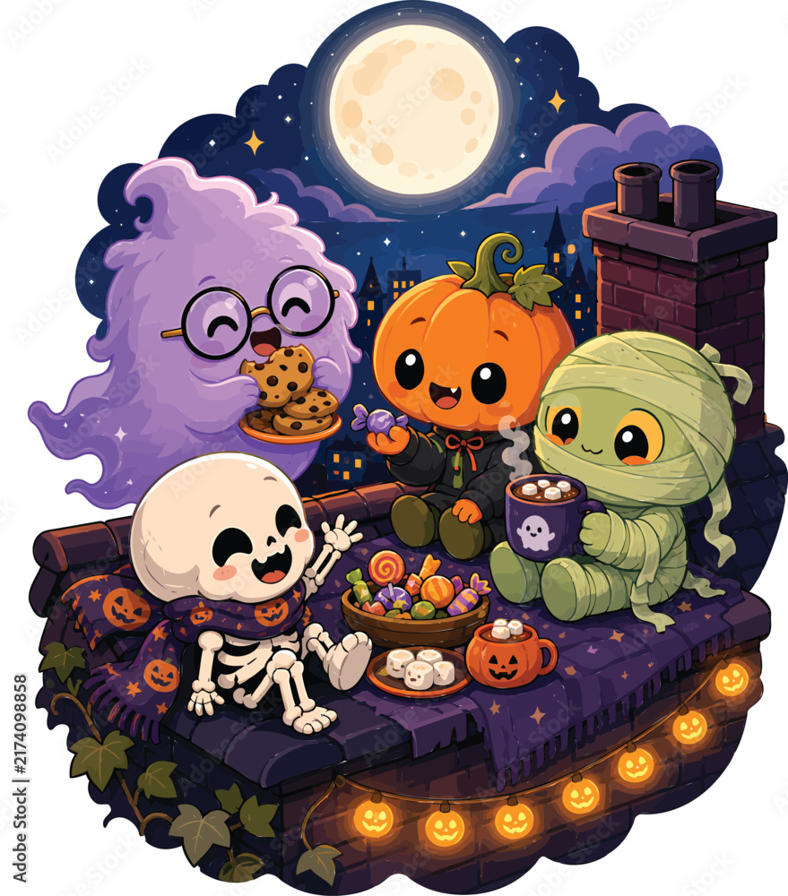 Obraz premium Cute Halloween Characters Party on Rooftop Vector Illustration, Kawaii Ghost Pumpkin Mummy Skeleton Enjoying Cookies Hot Chocolate under Full Moon Cozy Spooky Night