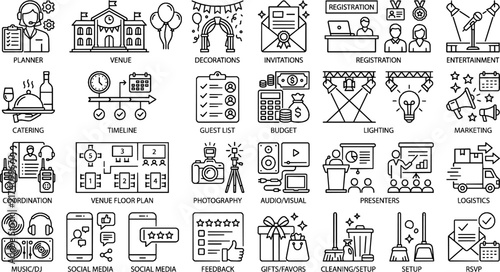 Event Planning Line Icons Set - Vector Venue, Catering, Entertainment, and Invitation Symbols