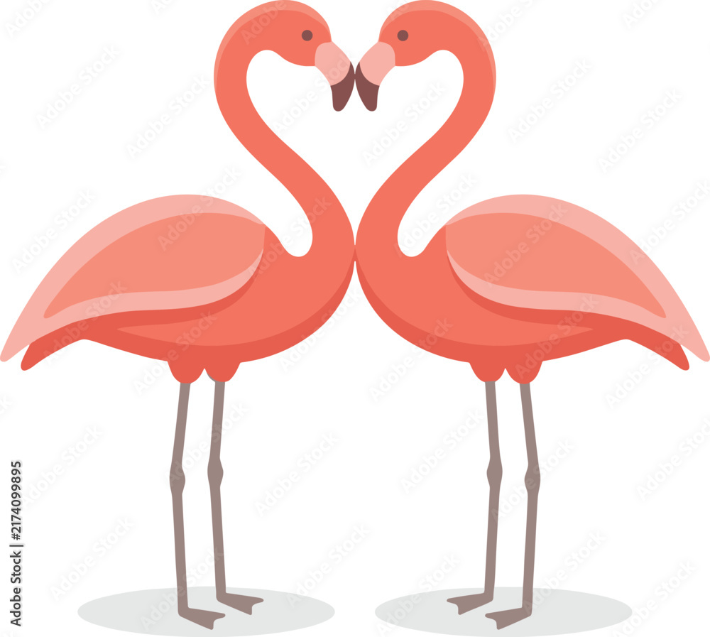 Obraz premium Vector illustration of two pink flamingos forming a heart shape with curved necks touching beaks for romantic love concept on white background