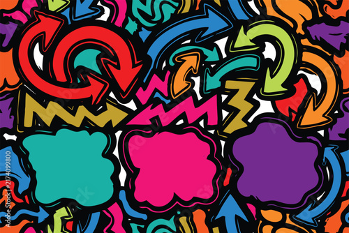 Colorful graffiti pattern featuring hand drawn arrows, zigzag lines, and abstract organic shapes