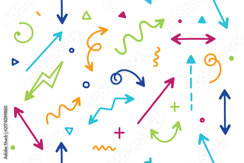 Colorful hand drawn arrow geometric shapes, and wavy lines scattered on white background set