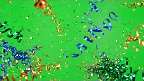 Vibrant Party Confetti and Metallic Streamers Falling Down on Green Screen Chroma Key