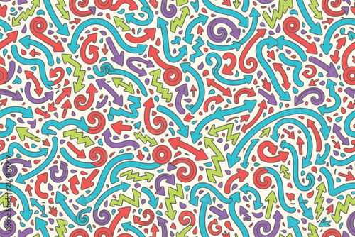 Dense hand drawn doodle pattern filled with many colorful arrows and swirls on white background