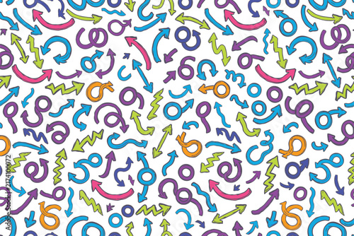 Hand drawn arrow pattern with colorful scribbles, swirls, and zigzag lines on white background set