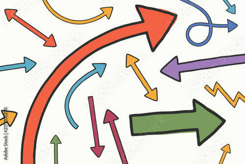 Hand drawn colorful arrows pointing in various directions on a plain white background hand-drawn
