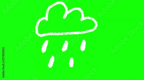 Handdrawn white cloud rain animation on bright green screen background for video overlay and motion design.