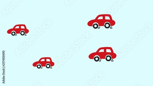 Cute red cartoon cars driving on light blue background playful handdrawn transportation animation design.