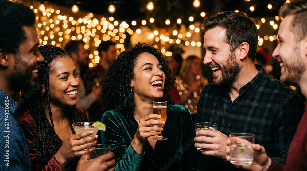 Fototapeta premium Group of diverse friends laughing and holding drinks, celebrating together under warm, blurred string lights, symbolizing joy and connection