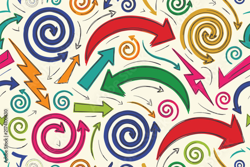 Multicolored hand drawn arrows and spiral shapes seamless pattern on a light creamy background base