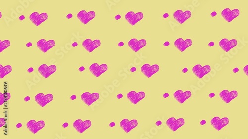 Pink heart and dot seamless pattern on pastel yellow background, cute handdrawn romantic texture design.