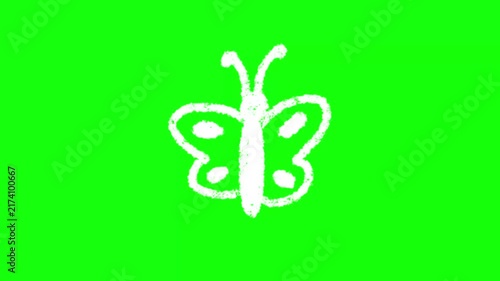 Handdrawn white butterfly animation on bright green screen background for video overlay and motion design.