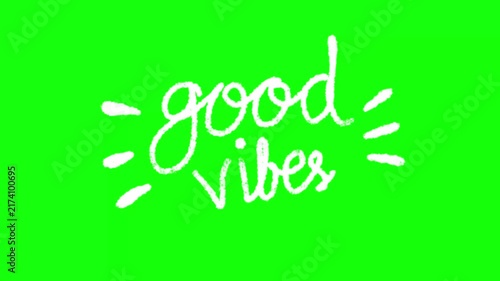 Handdrawn good vibes lettering animation on bright green screen background for video overlay and design.