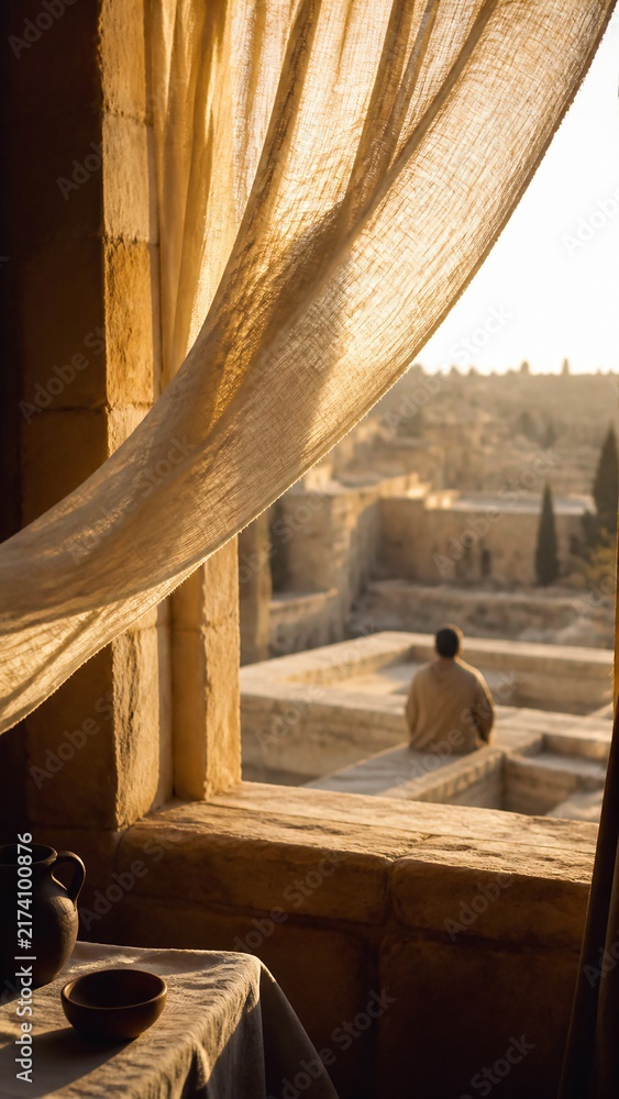 Fototapeta premium Ancient stone room with linen curtain and view of old Jerusalem. Man praying on rooftop at golden sunset. Biblical scene of faith, prayer and waiting for promise in holy city.