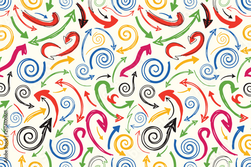 Seamless pattern of hand drawn colorful arrows and spirals on a light cream colored background