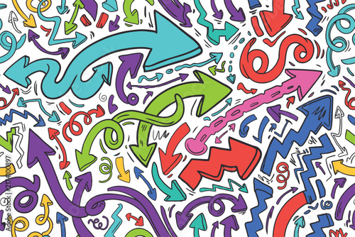 Seamless pattern of hand drawn colorful arrows and scribbles on a clean solid white background