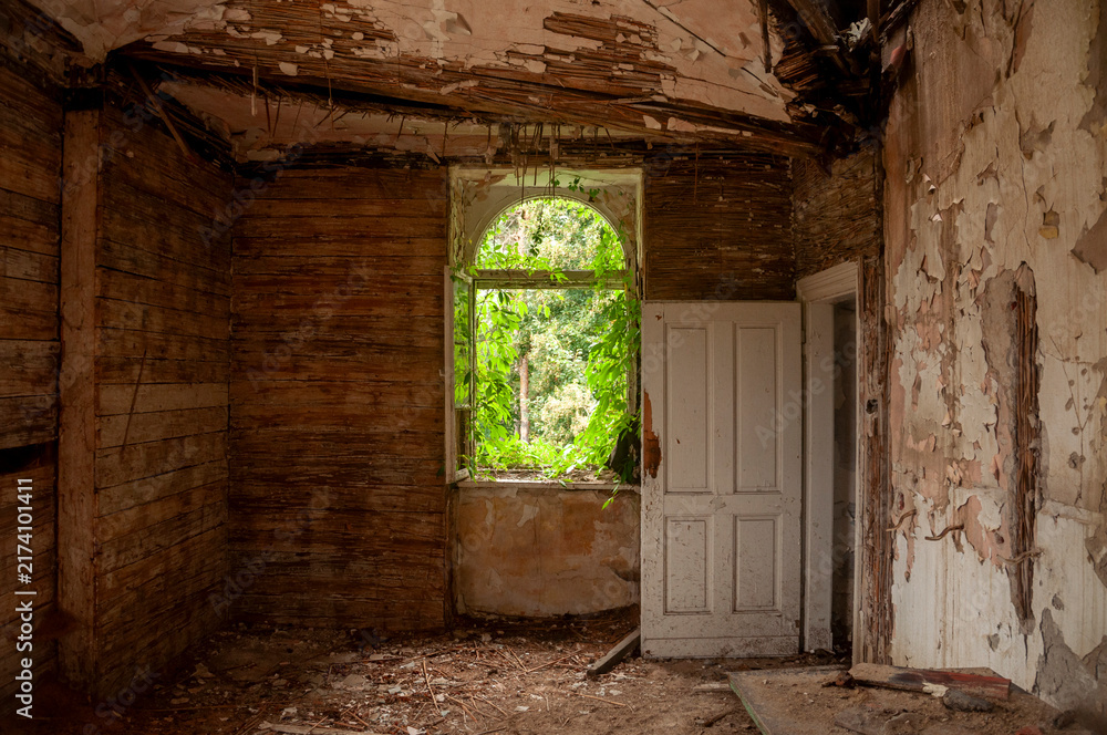 Fototapeta premium Abandoned overgrown mansion with spiral staircase, old car and ruined interior
