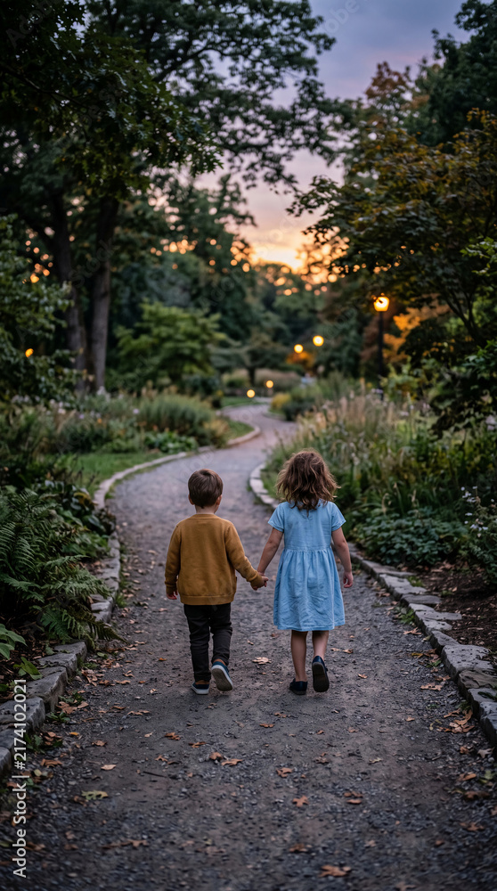 Fototapeta premium Children holding hands walk on a path in a park at dusk, symbolizing innocence, connection, and the journey of youth.
