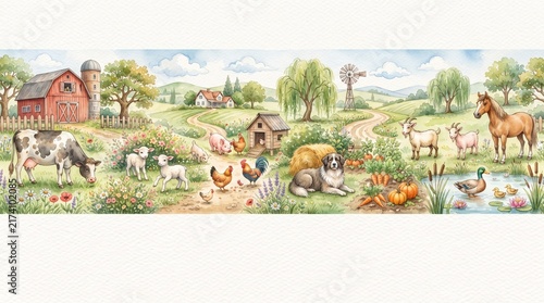 Watercolor Farm Animals Seamless Border Pattern Horizontal Countryside Scene Nursery Farmhouse Design