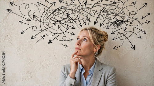 Thoughtful businesswoman beneath tangled arrow diagram