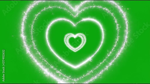 Shimmering Glowing Hearts Expanding in Romantic Tunnel Motion on Green Screen Chroma Key Loop