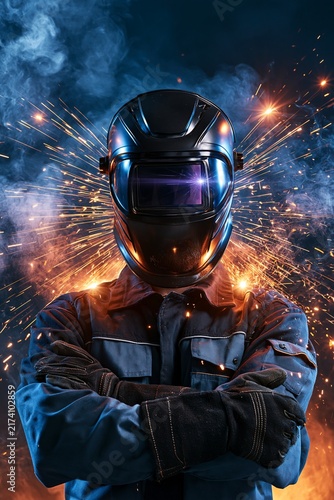 Professional welder wear mask and protective gear amid glowing sparks flash