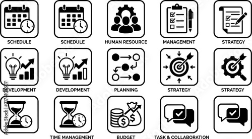 Project Management Line Icons Set - Vector Strategy, Planning, Schedule, and HR Symbols