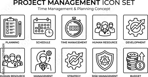 Project Management Line Icons Set - Vector Strategy, Planning, Schedule, and HR Symbols