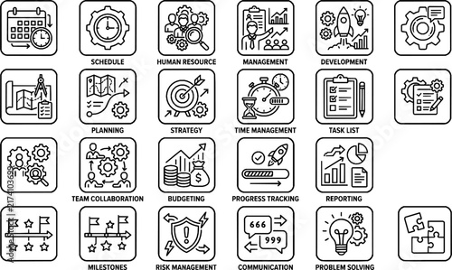 Project Management Line Icons Set - Vector Strategy, Planning, Schedule, and HR Symbols