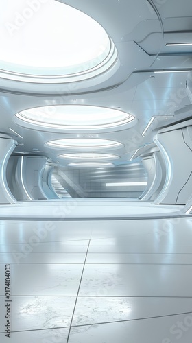 The design of this spacious, futuristic interior suggests an avant-garde structure with its light-filled rooms, glossy surfaces, and modern architecture