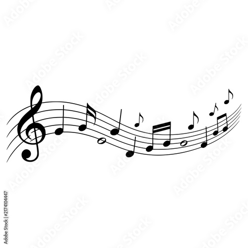 Musical Notes vector illustration featuring a flowing music staff, treble clef and rhythmic notes in an elegant dynamic composition. Perfect for music, melody, concerts, audio, entertainment, music ed