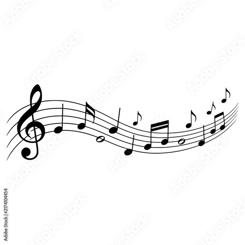 Musical Notes vector illustration featuring a flowing music staff, treble clef and rhythmic notes in an elegant dynamic composition. Perfect for music, melody, concerts, audio, entertainment, music ed