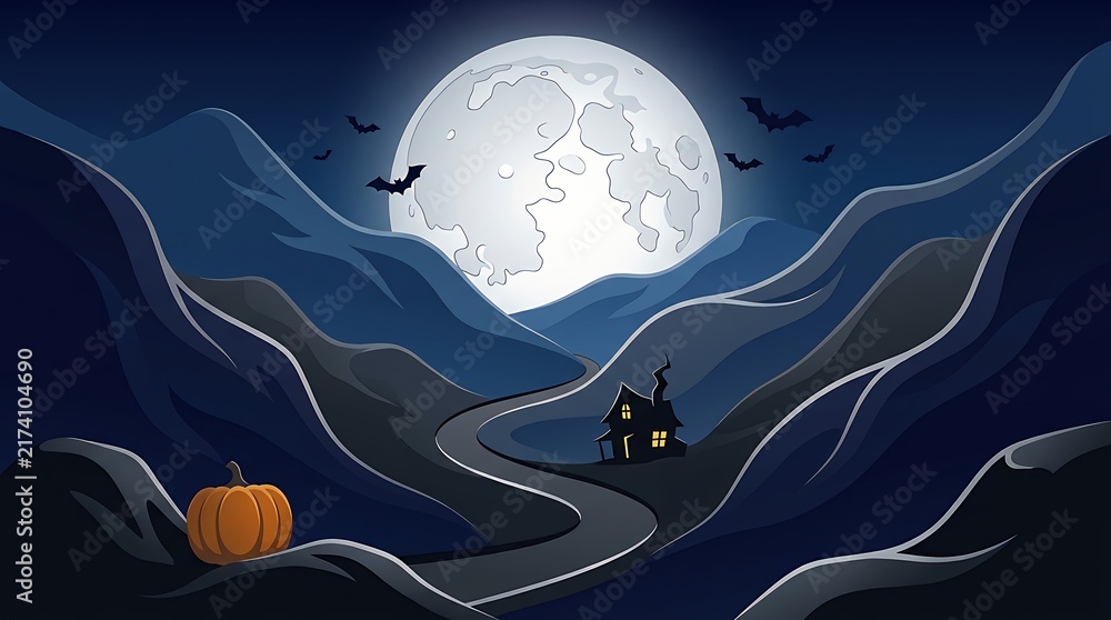 Obraz premium Spooky halloween landscape featuring a full moon mountains winding road and a single