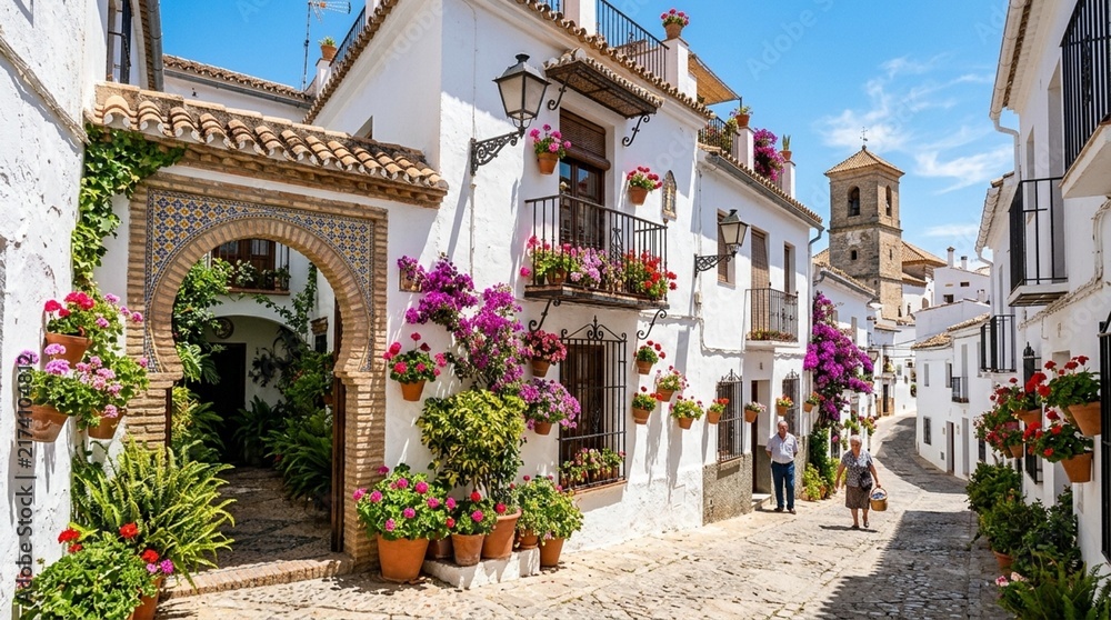 Fototapeta premium Andalusian white village street with flower pots and archway