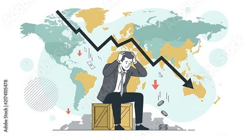 Stressed businessman sitting on a wooden crate amid a global economic downturn and declining market chart with world map financial crisis job loss